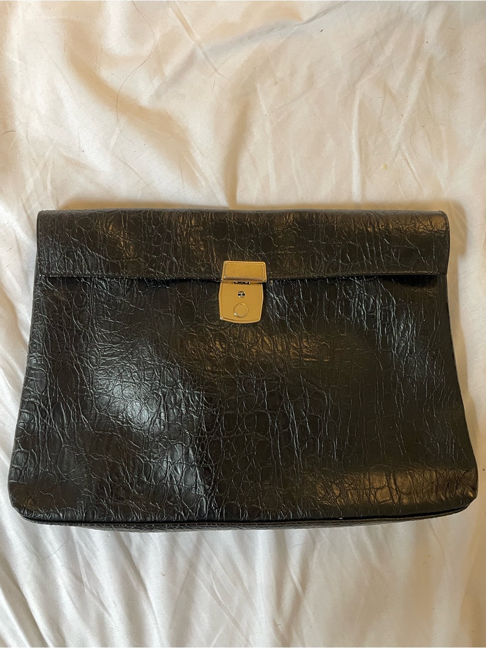 Black Leather (?) Document Clutch with Gold Hardware